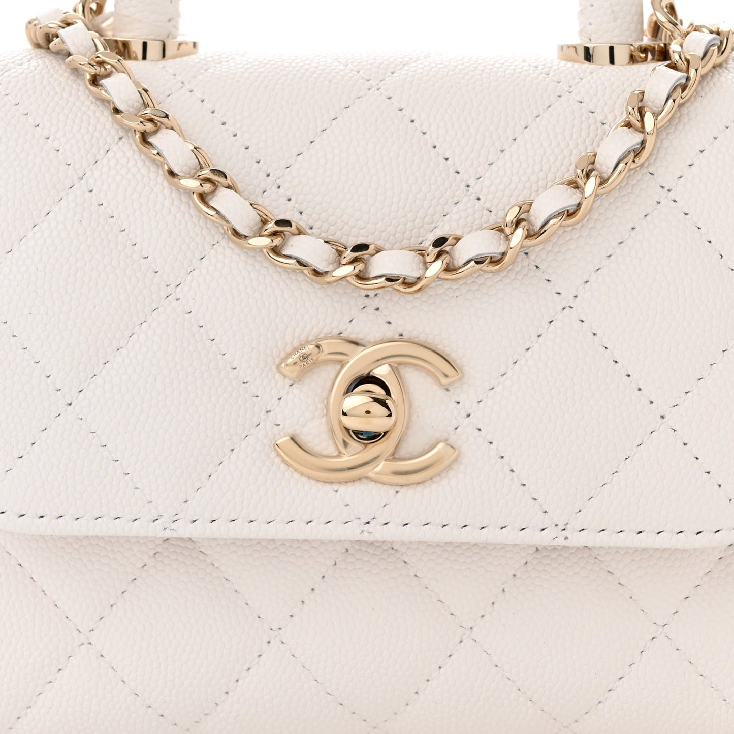 Caviar Quilted Coco Handle Clutch With Chain White