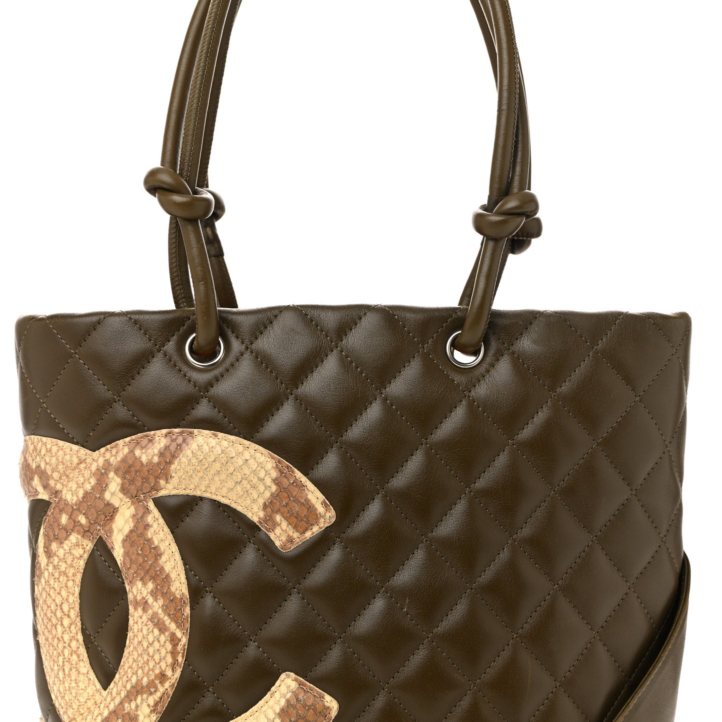 Calfskin Snakeskin Quilted Small Cambon Tote Khaki