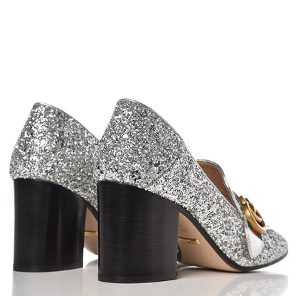 Gucci Glitter Nappa Web Peyton 75mm Loafer Pumps 38 Argento 4 of 12