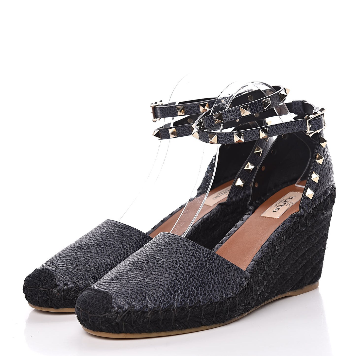 Grained Calfskin Rockstud Ankle Wrap Espadrille 15/85mm Wedges 41 Deep Denim