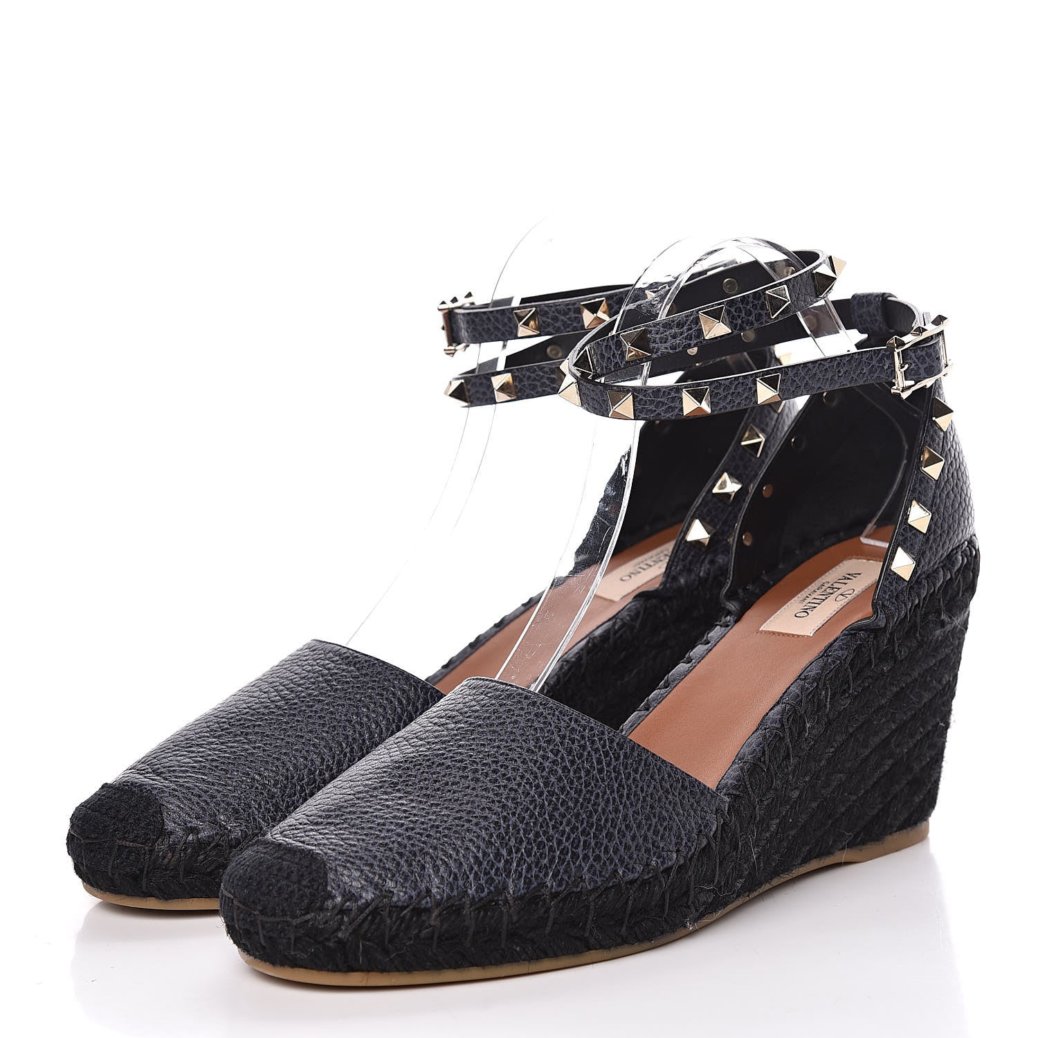 Valentino Garavani Grained Calfskin Rockstud Ankle Wrap Espadrille 15/85mm Wedges 41 Deep Denim 3 of 10
