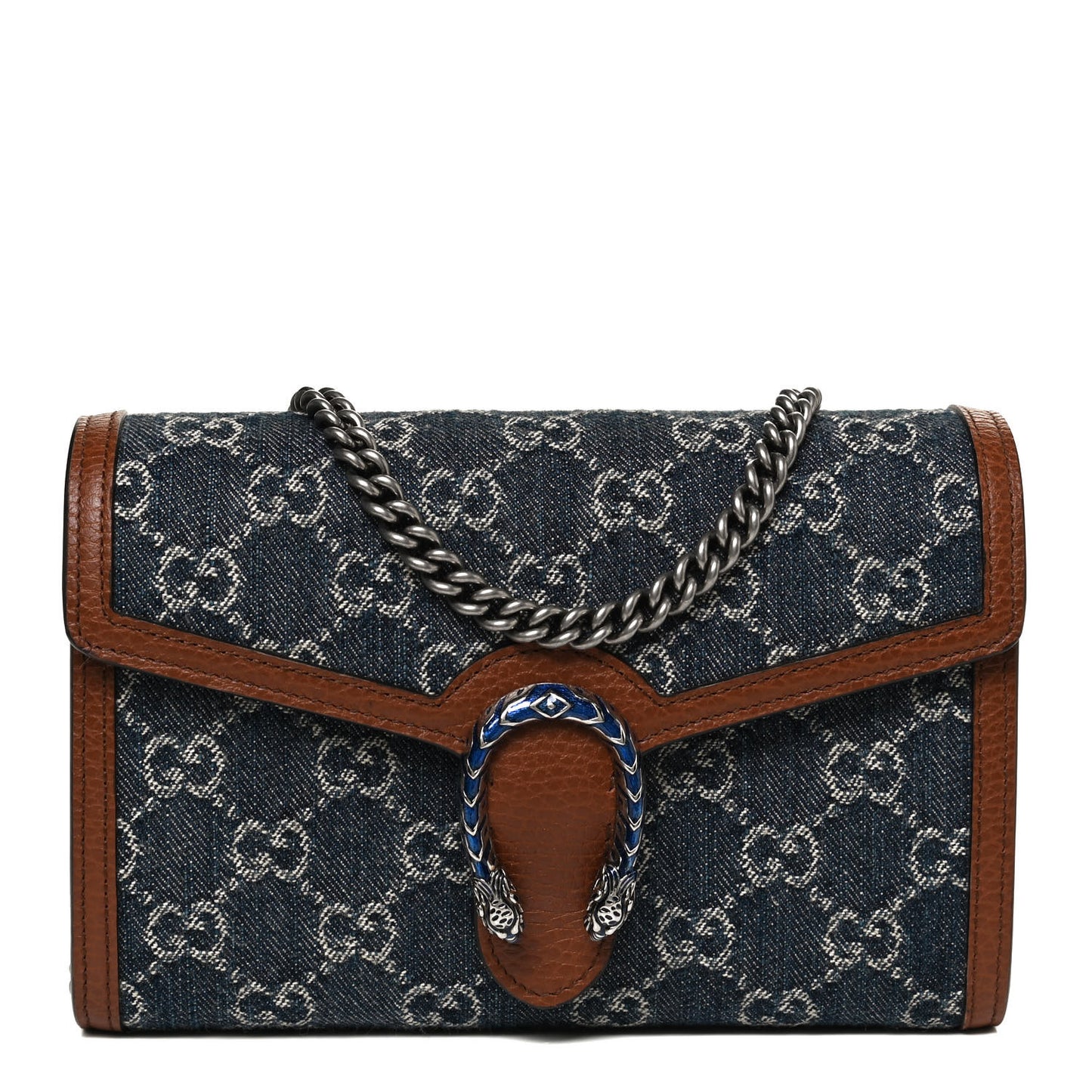 New Denim GG Monogram Dollar Calfskin Enamel Mini Dionysus Chain Wallet Blue Tea Cuir Epilog Electric Blue