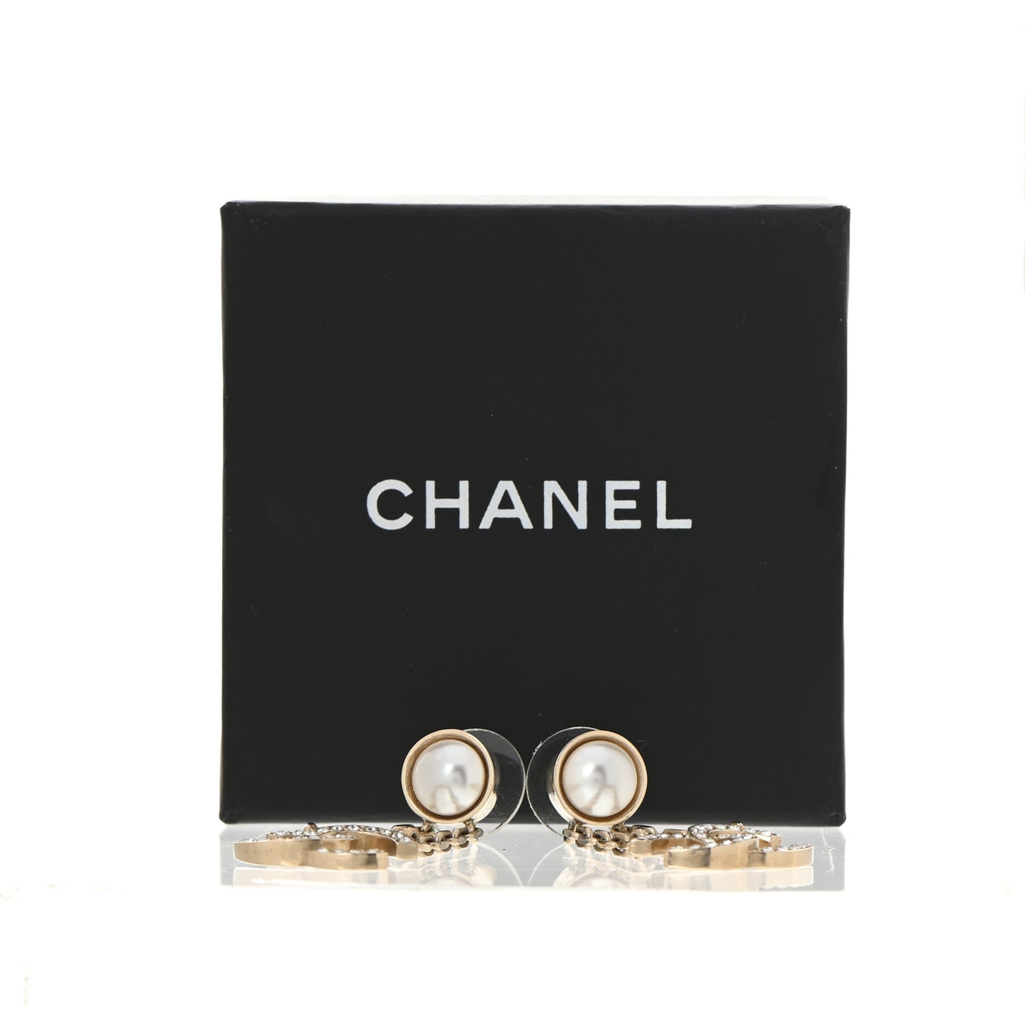 Crystal Pearl CC Chain Drop Earrings Gold