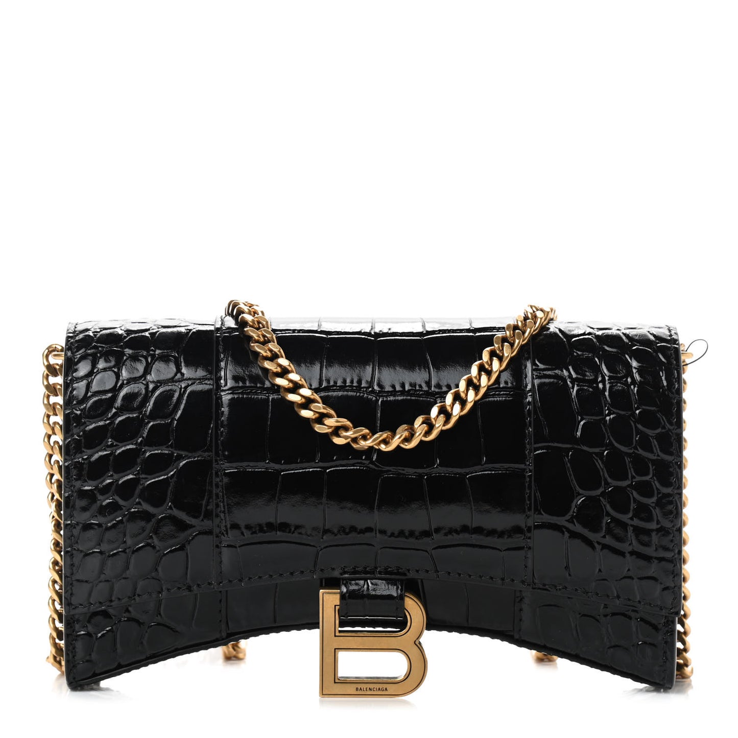 Shiny Calfskin Crocodile Embossed Hourglass Chain Bag Black