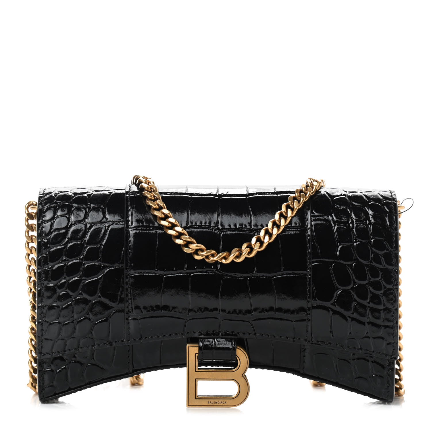Balenciaga Shiny Calfskin Crocodile Embossed Hourglass Chain Bag Black 1 of 8
