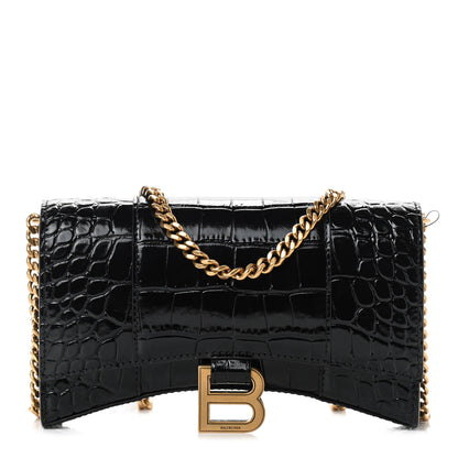 Balenciaga Shiny Calfskin Crocodile Embossed Hourglass Chain Bag Black 1 of 8