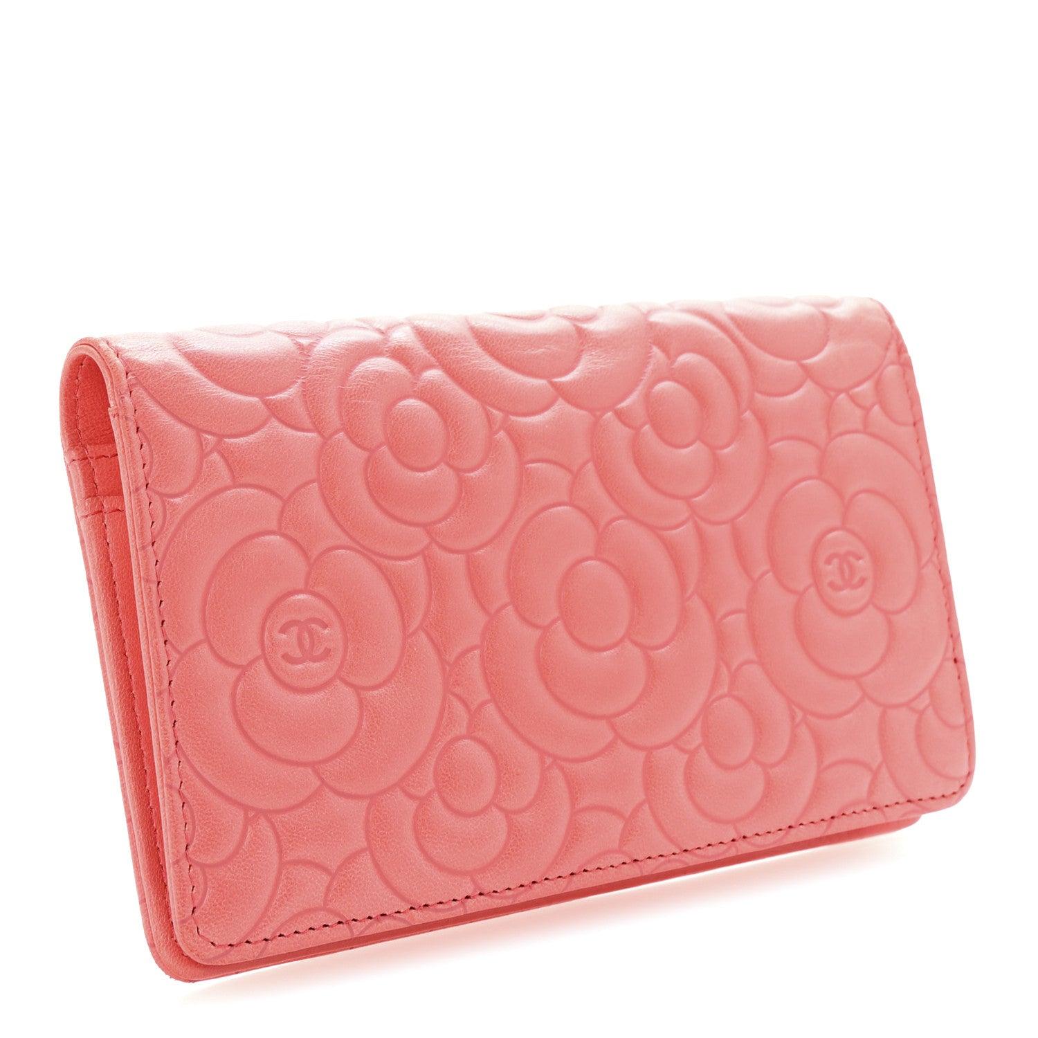 Chanel Lambskin Camellia Embossed Yen Wallet Pink 3 of 9