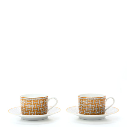 Hermes Porcelain Mosaique Au 24 Gold Tea Cup And Saucer Set Of 2 1 of 11