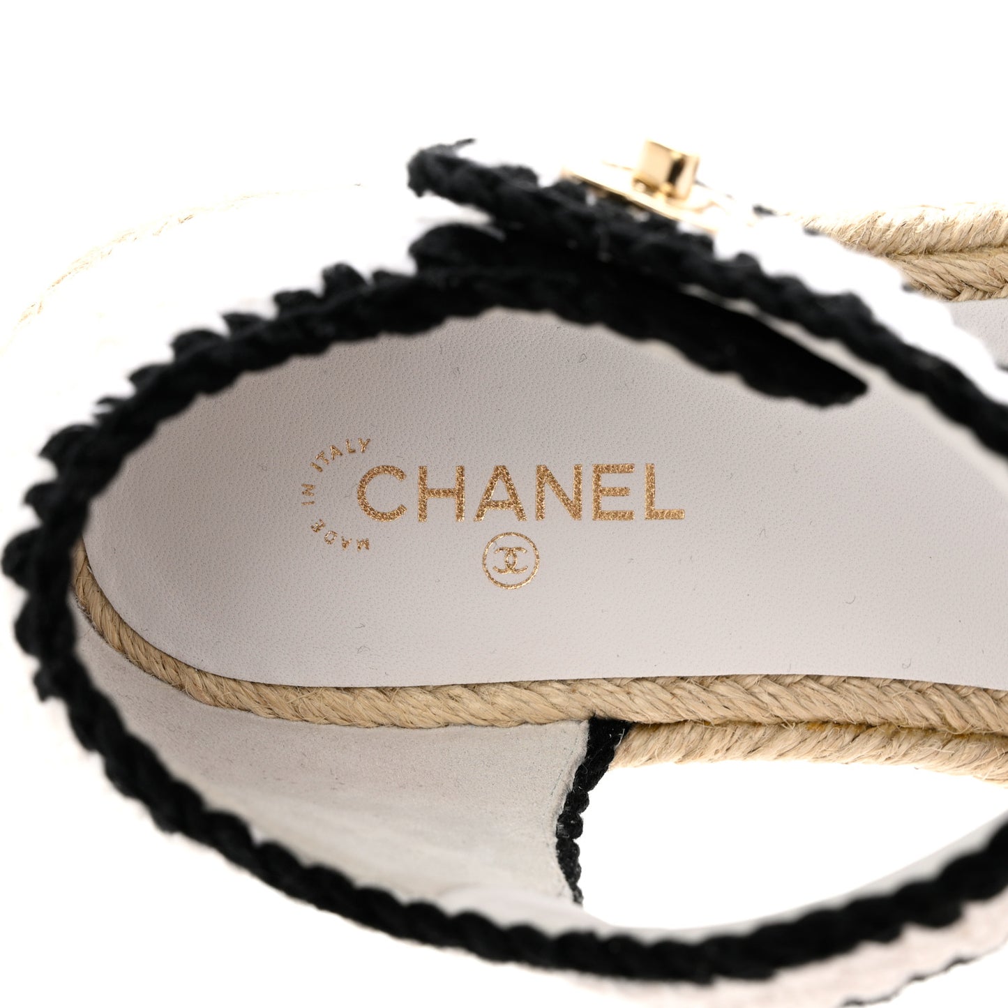 Braided Knit Cap Toe CC Ankle Strap Espadrilles 41 White Black