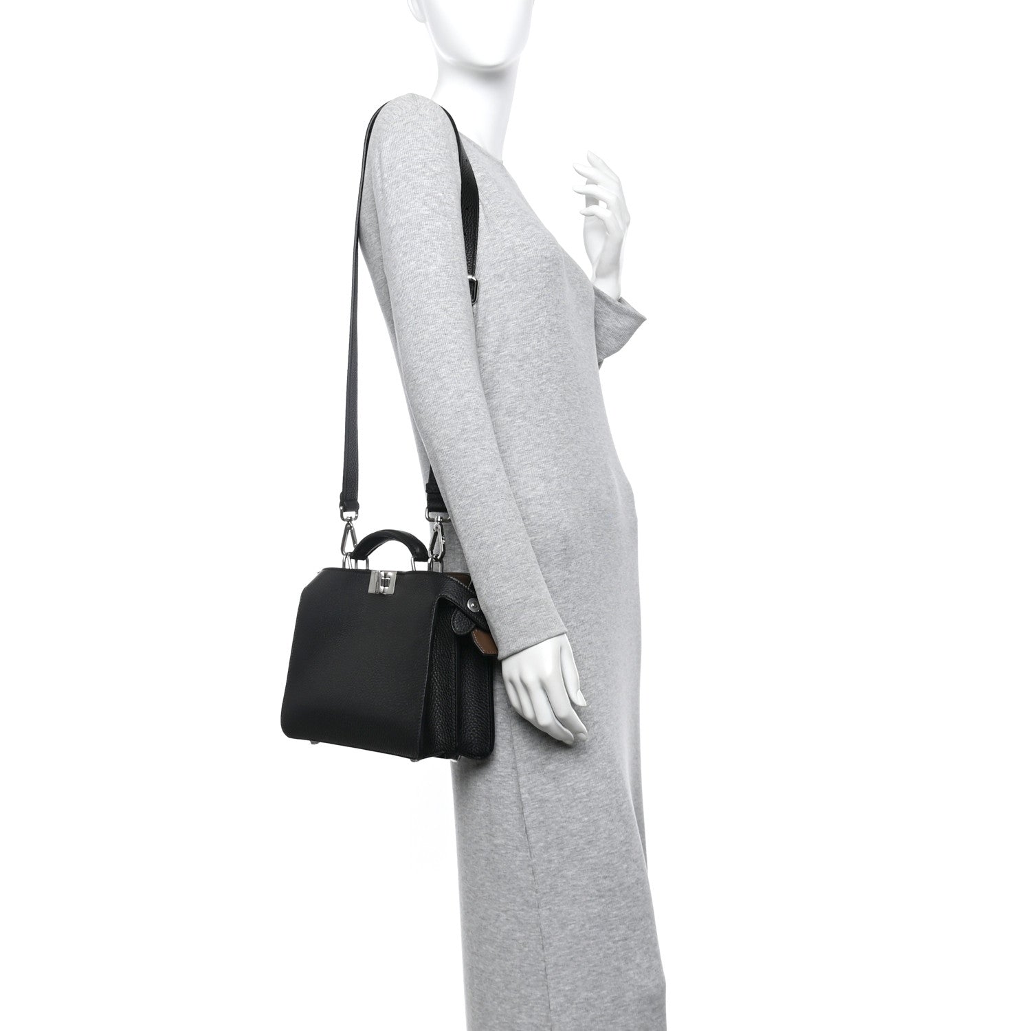 Fendi Cuoio Romano Vitello Cover Glazed Fabric Bi-Color FF 1974 Mini Peekaboo I SEE U Satchel Black Mimosa Tobacco Moro 2 of 12