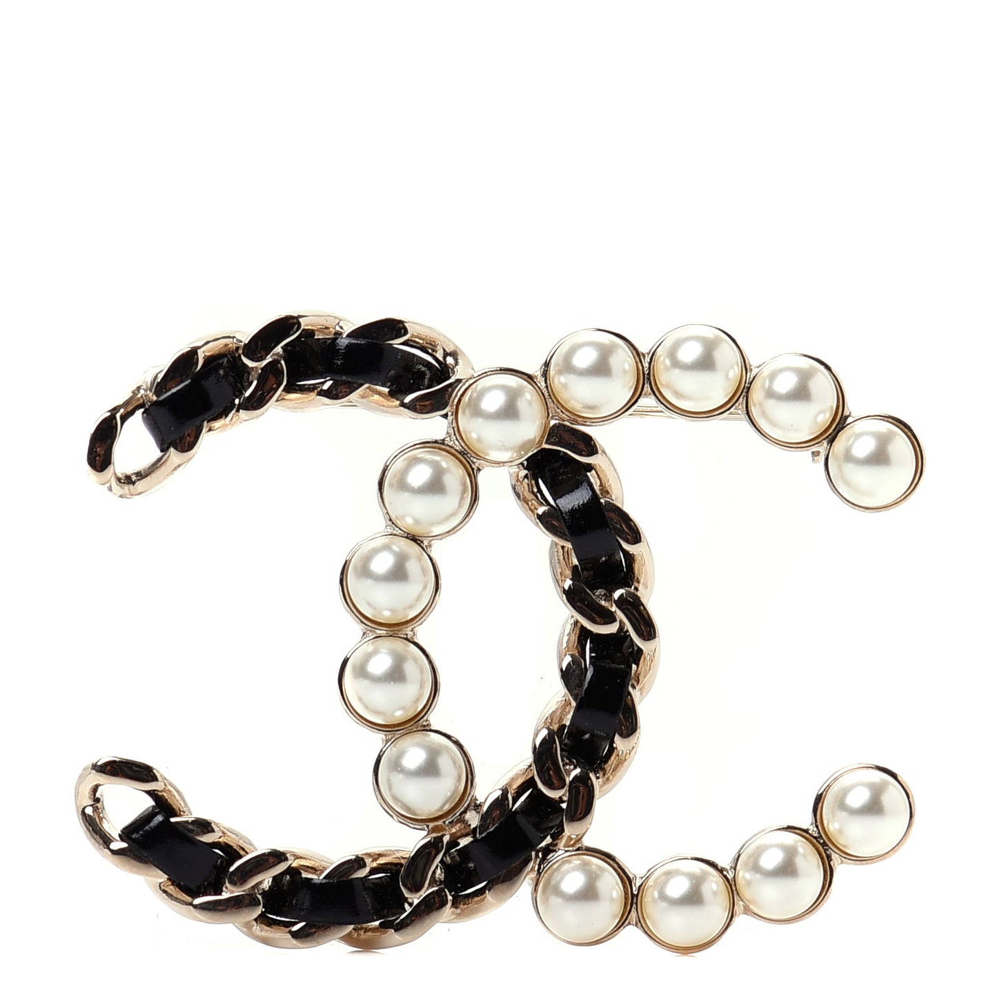 Lambskin Pearl CC Chain Brooch Black Gold