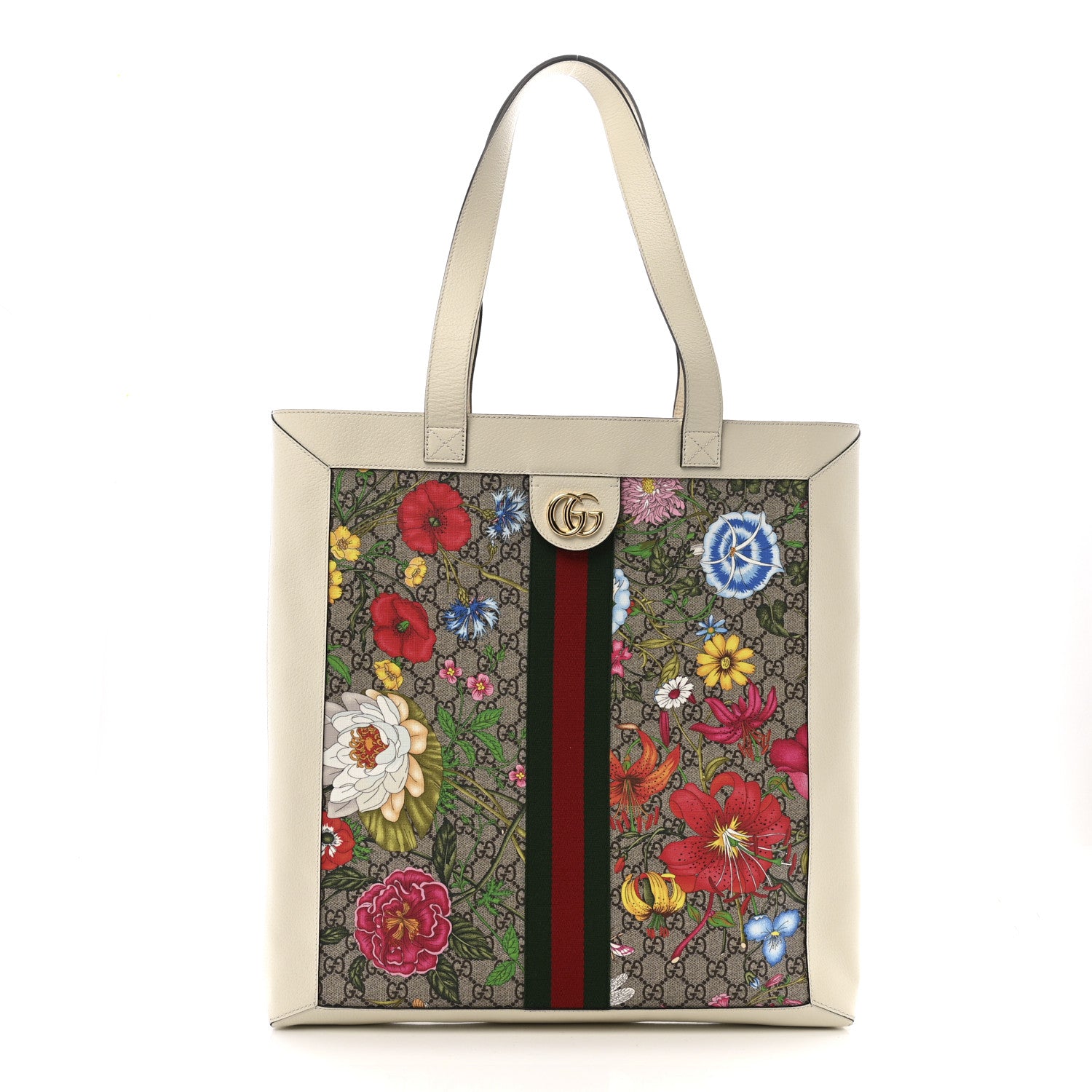 Gucci GG Supreme Monogram Flora Web Ophidia Vertical Shopping Tote White 1 of 16