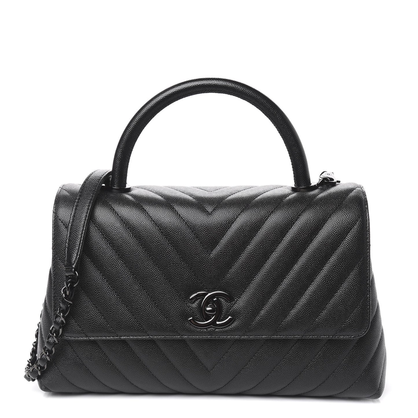 Caviar Chevron Quilted Small Coco Handle Flap So Black