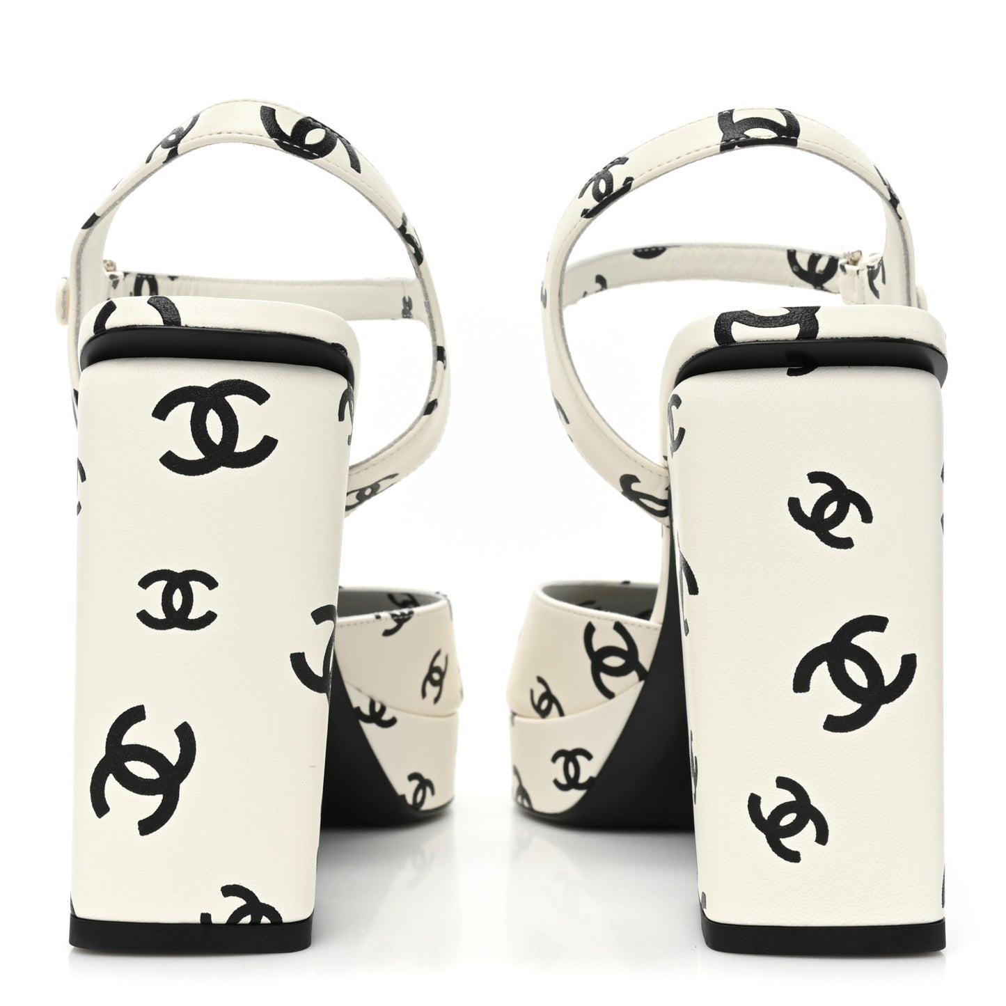 Printed Lambskin CC Platform Sandals 41 White Black
