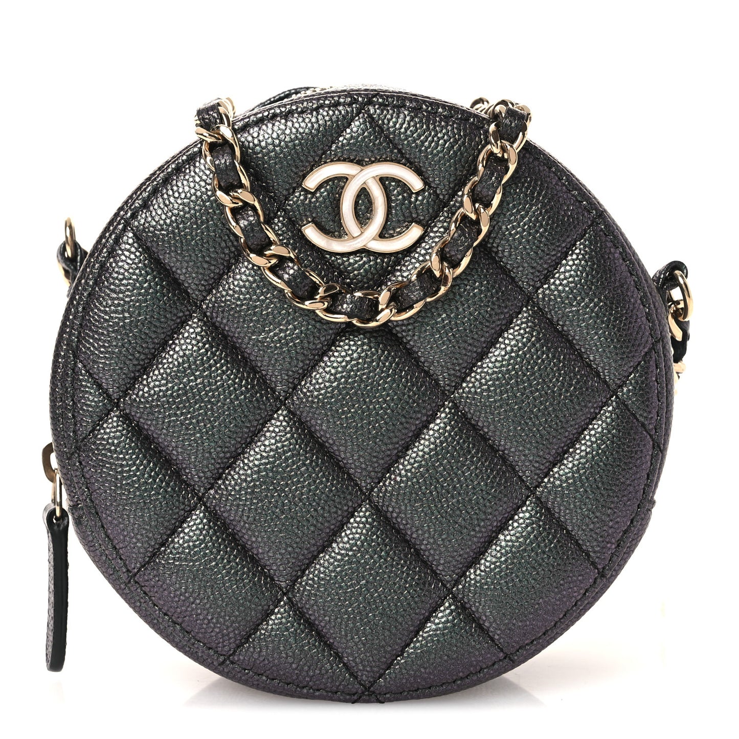 Iridescent Caviar Quilted Round Clutch With Chain Black