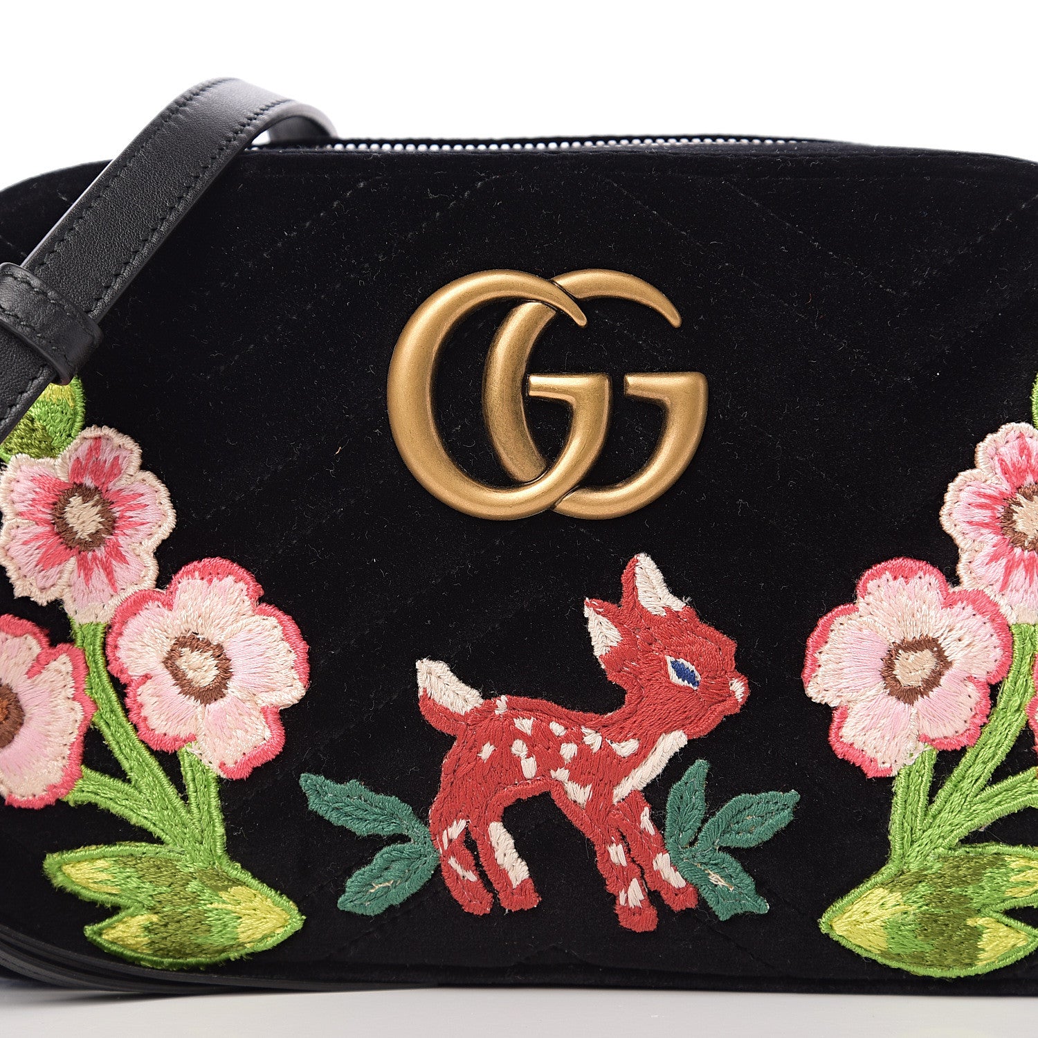 Gucci Velvet Matelasse Deer Embroidered Small GG Marmont Chain Shoulder Bag Black 7 of 9