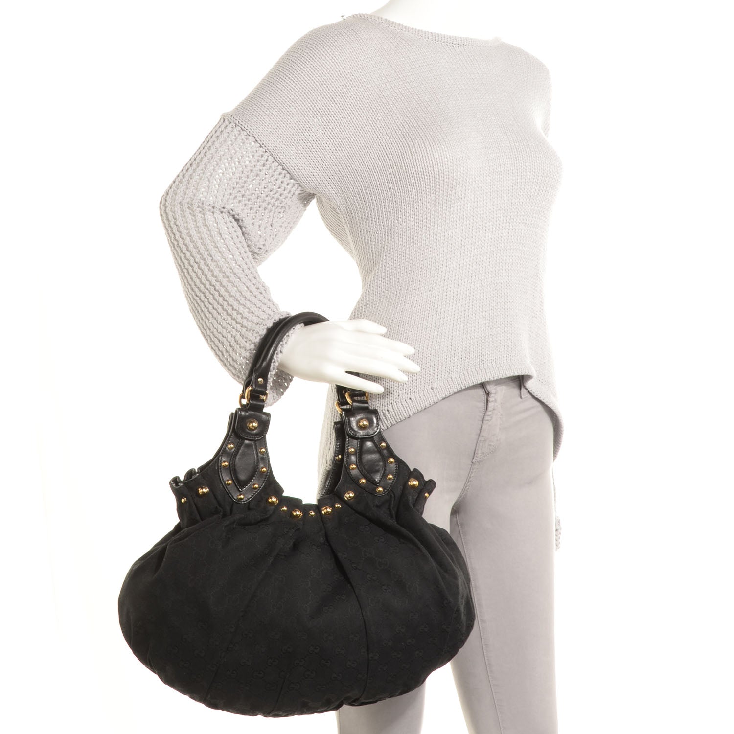 Gucci Monogram Pelham Studded Shoulder Bag Black 2 of 7