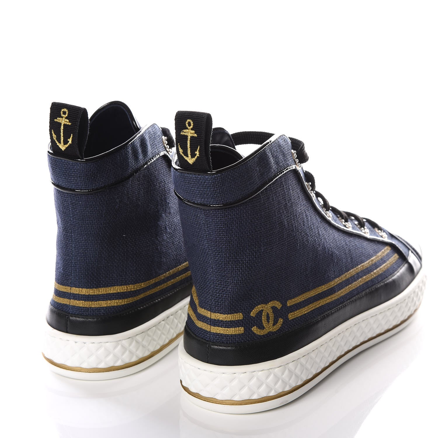 Chanel Fabric Lambskin Lace Up Cap Toe Sneakers 40 Navy Black 4 of 9