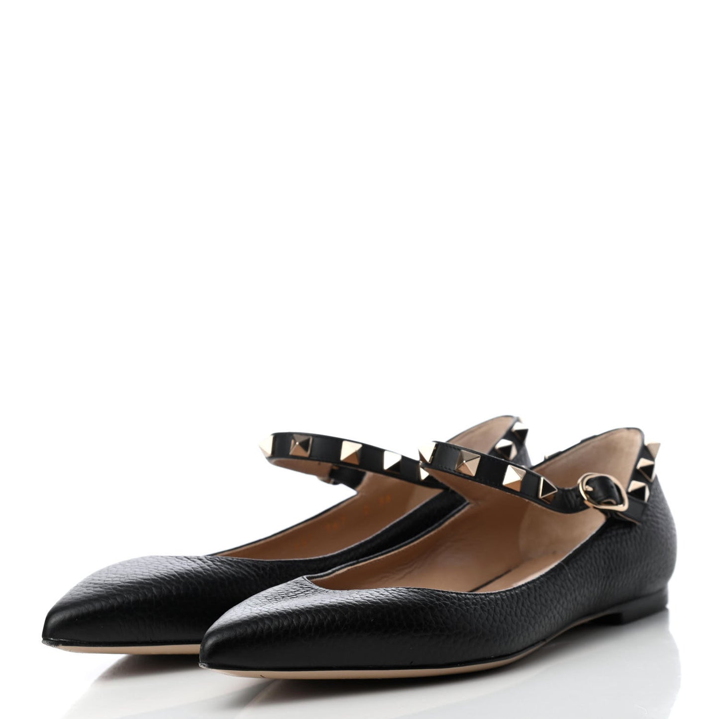 Pebbled Calfskin Rockstud Ankle Strap Ballerina Flats 36 Black