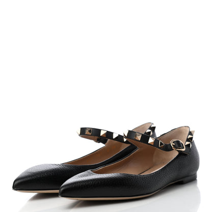 Valentino Garavani Pebbled Calfskin Rockstud Ankle Strap Ballerina Flats 36 Black 3 of 8