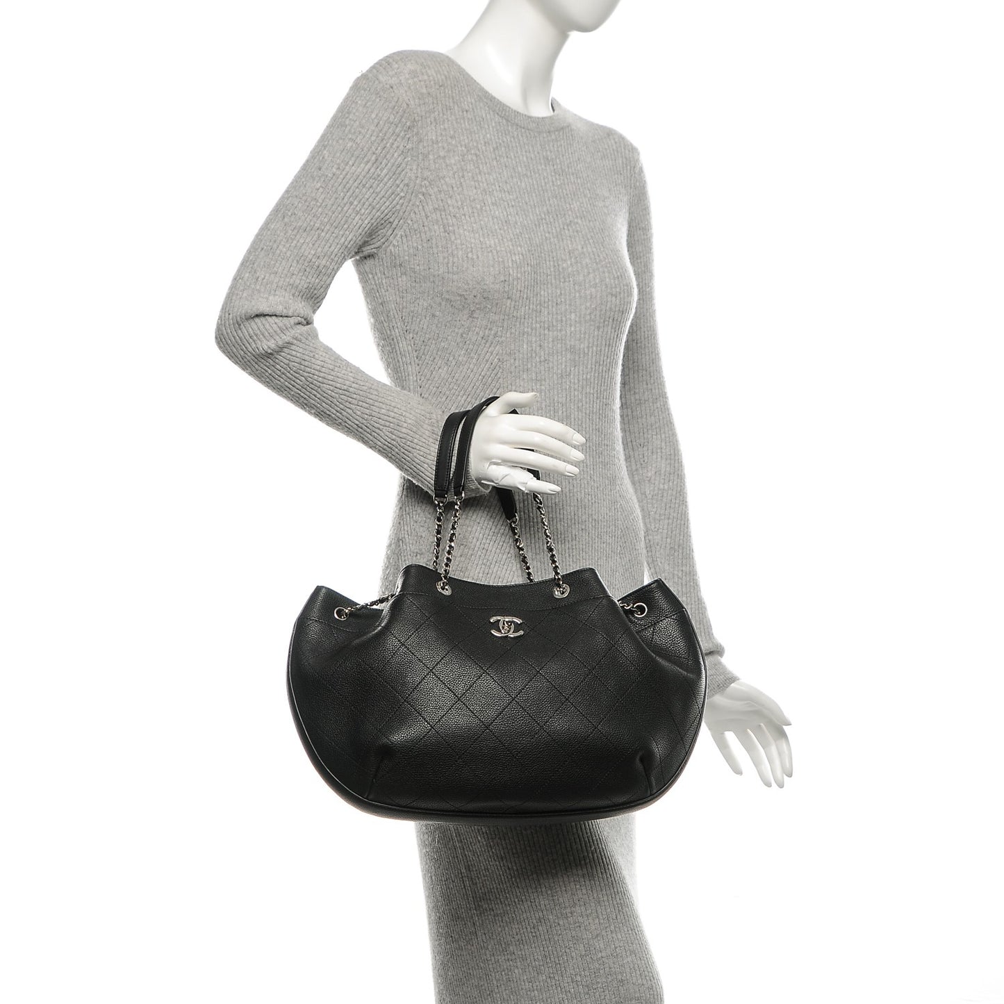 Grained Calfskin Stitched Accordion Shoulder Bag Black