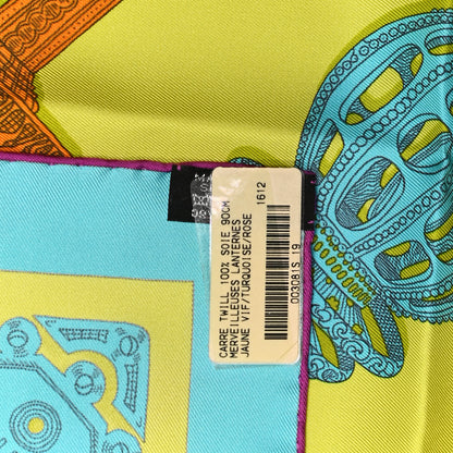 Hermes Silk Merveilleuses Lanternes Scarf 90 Jaune Vif Turquoise Rose 3 of 7