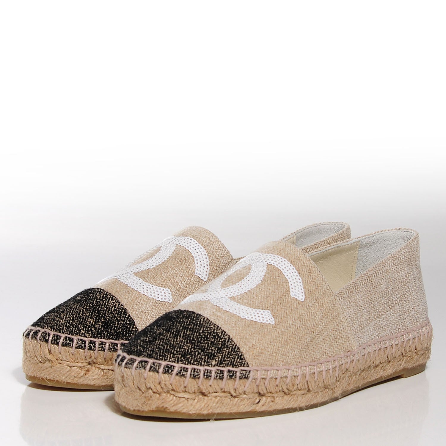 Chanel Toile Sequin CC Espadrilles 37 Beige Black 4 of 7