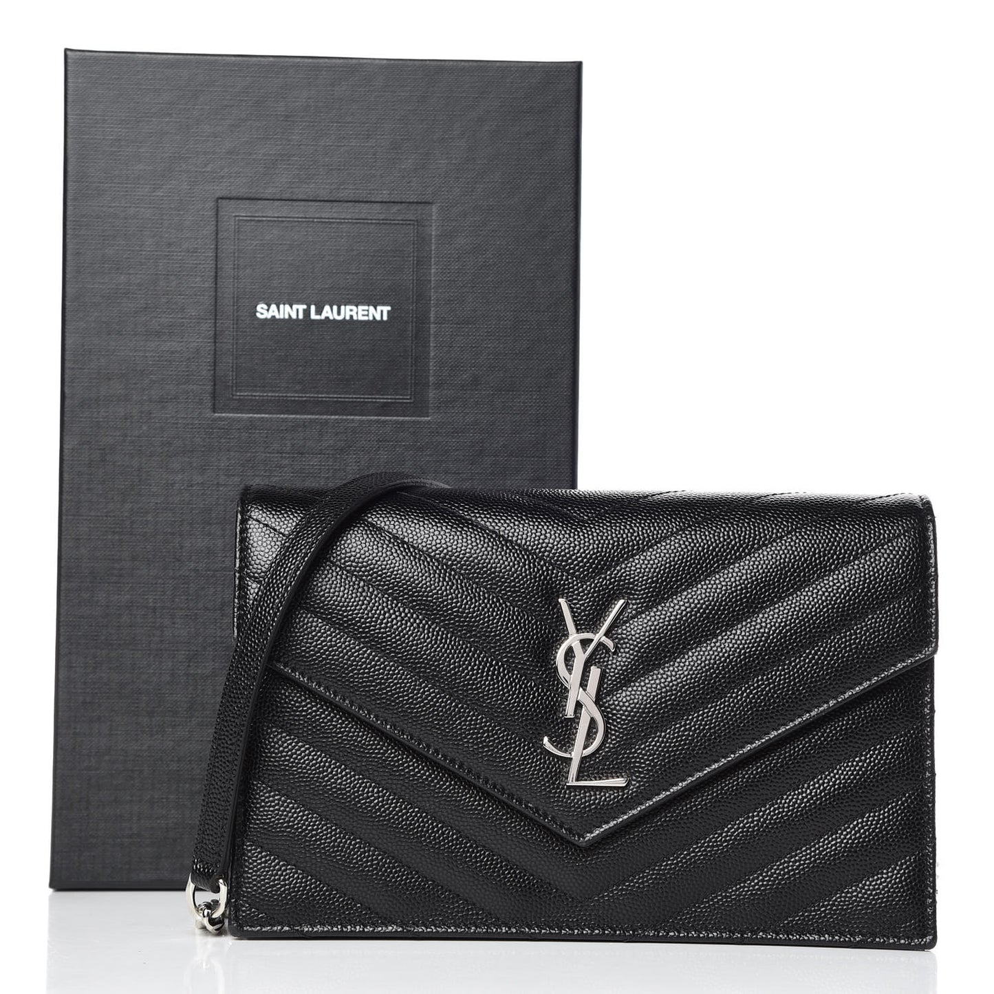 Grain De Poudre Matelasse Chevron Monogram Envelope Chain Wallet Black