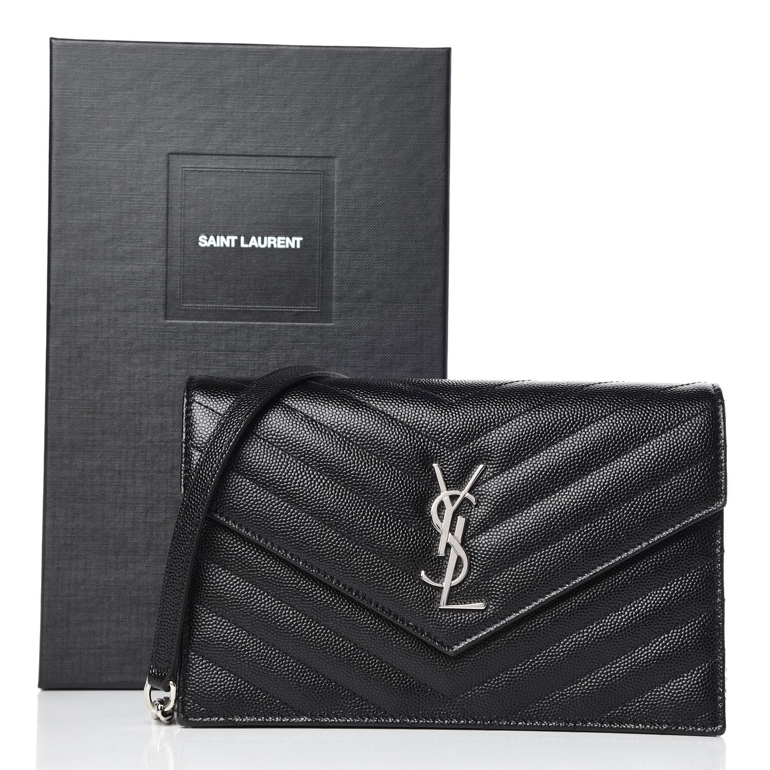 Saint Laurent Grain De Poudre Matelasse Chevron Monogram Envelope Chain Wallet Black 9 of 9