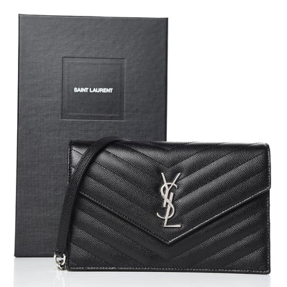 Saint Laurent Grain De Poudre Matelasse Chevron Monogram Envelope Chain Wallet Black 9 of 9