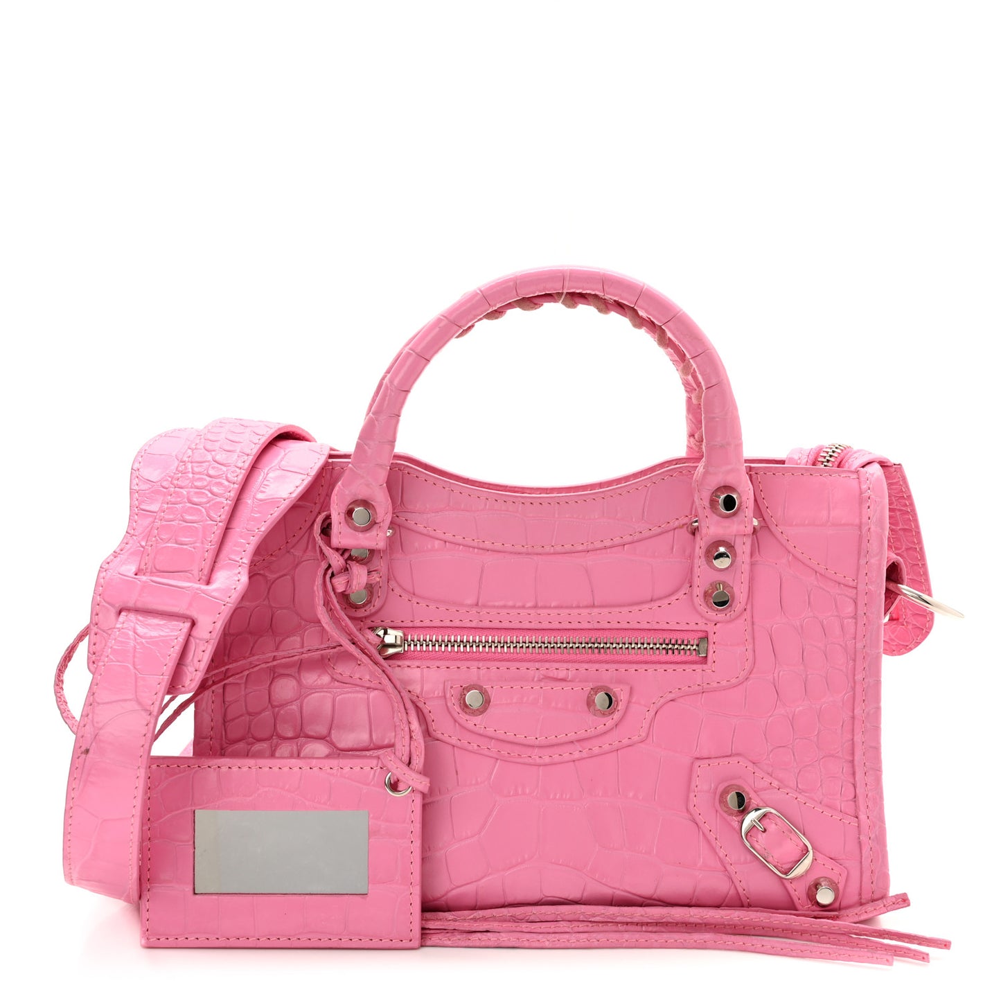 Shiny Supple Calfskin Crocodile Embossed Classic Silver Hardware Mini City Baby Pink