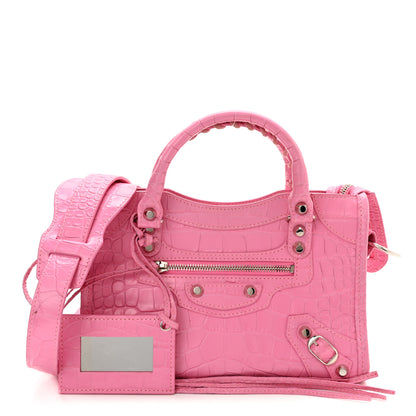 Balenciaga Shiny Supple Calfskin Crocodile Embossed Classic Silver Hardware Mini City Baby Pink 1 of 10