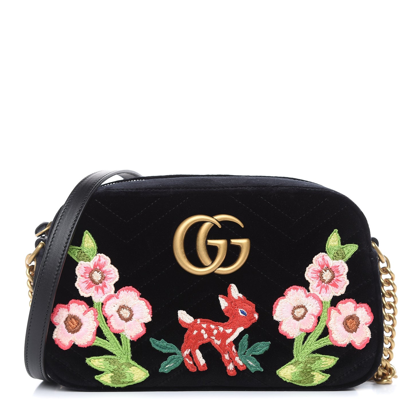 Velvet Matelasse Deer Embroidered Small GG Marmont Chain Shoulder Bag Black