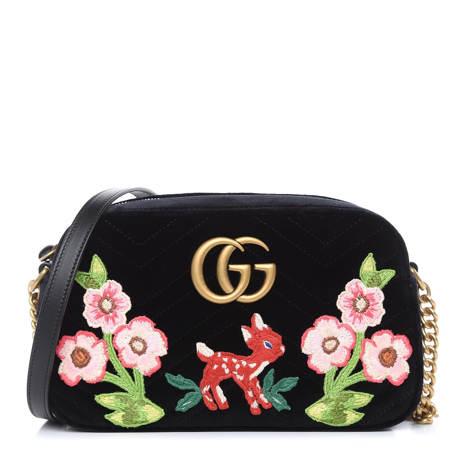 Gucci Velvet Matelasse Deer Embroidered Small GG Marmont Chain Shoulder Bag Black 1 of 10