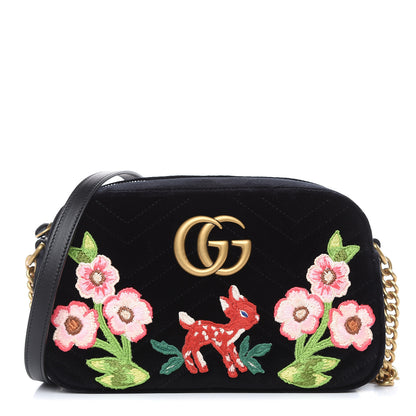 Gucci Velvet Matelasse Deer Embroidered Small GG Marmont Chain Shoulder Bag Black 1 of 10