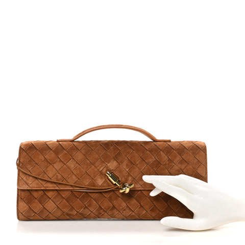 Suede Intrecciato Long Andiamo Top Handle Clutch Amber