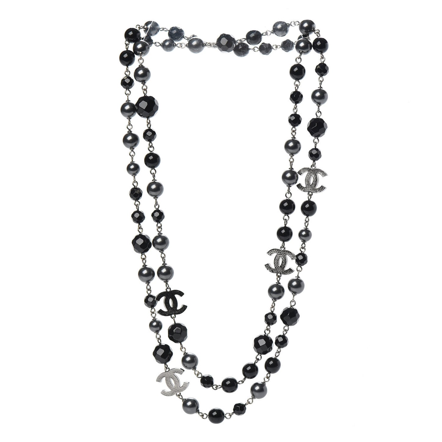 Ruthenium Pearl Beaded CC Long Necklace Black