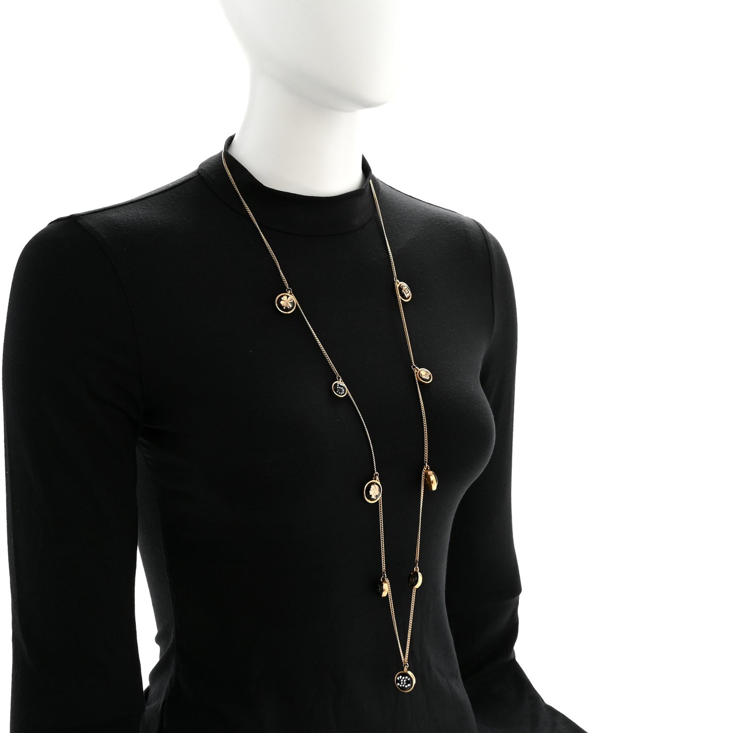 Metal Resin Enamel Crystal CC Long Necklace Gold Black