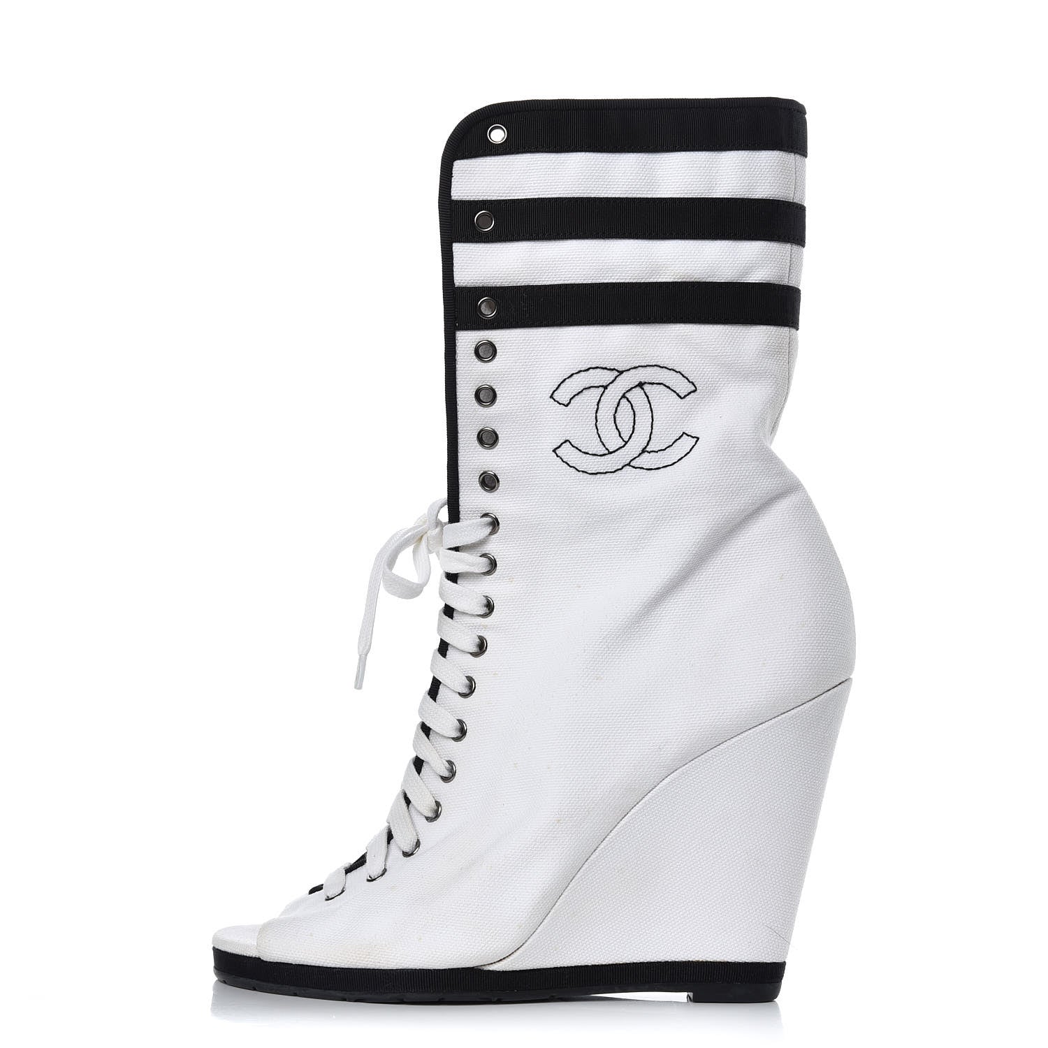 Chanel Canvas Lace Up Wedge Boots 37.5 White Black 1 of 13