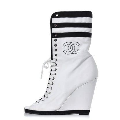 Chanel Canvas Lace Up Wedge Boots 37.5 White Black 1 of 13