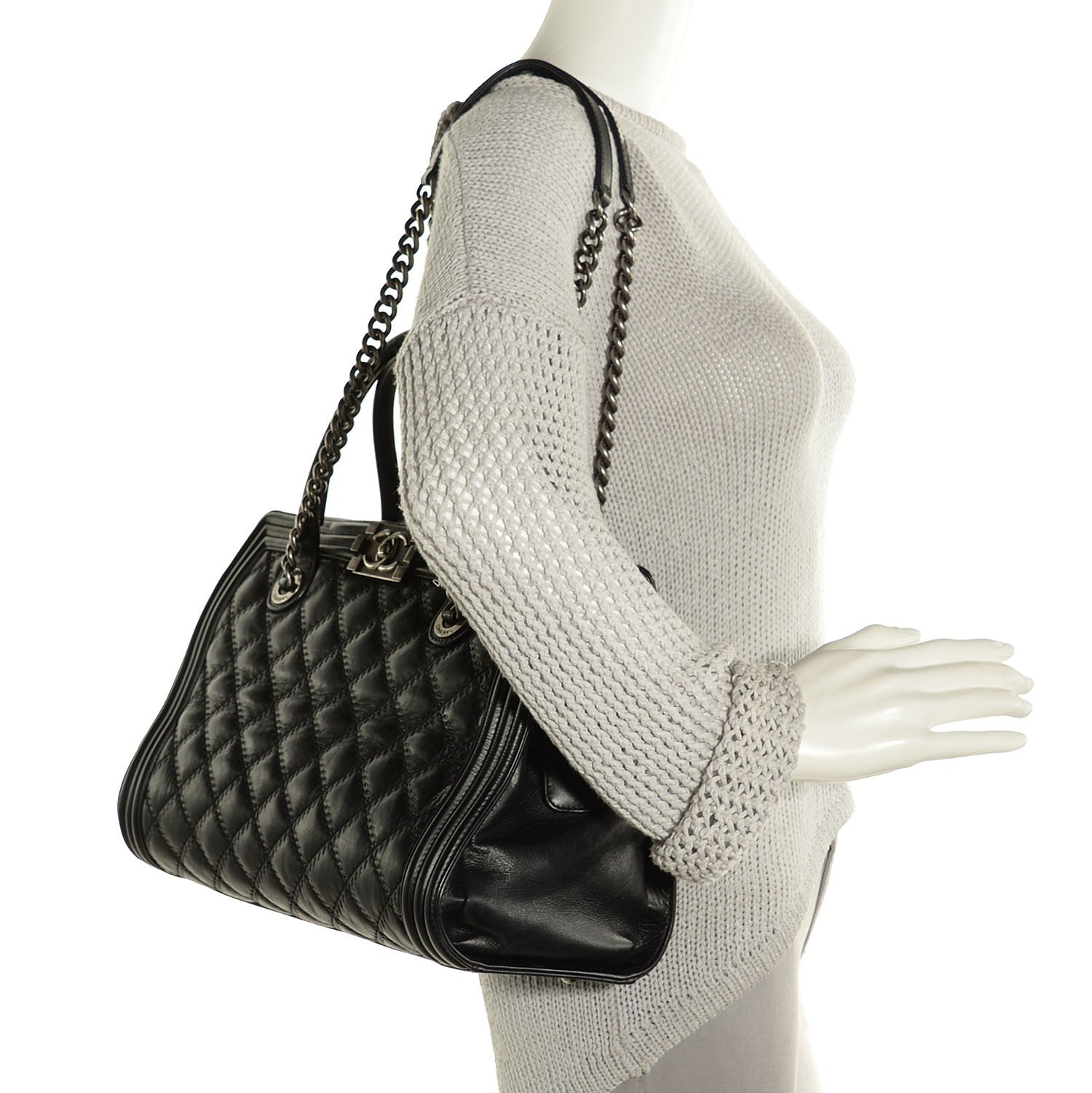 Chanel Calfskin Quilted Double Stitch Large Boy Tote Black 2 of 8