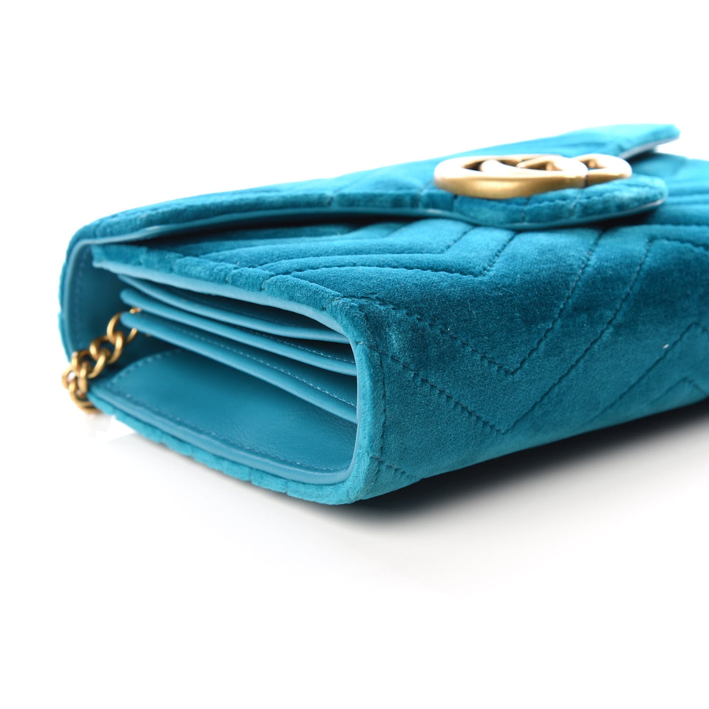 Velvet Matelasse GG Marmont Chain Wallet Pavone Cyan