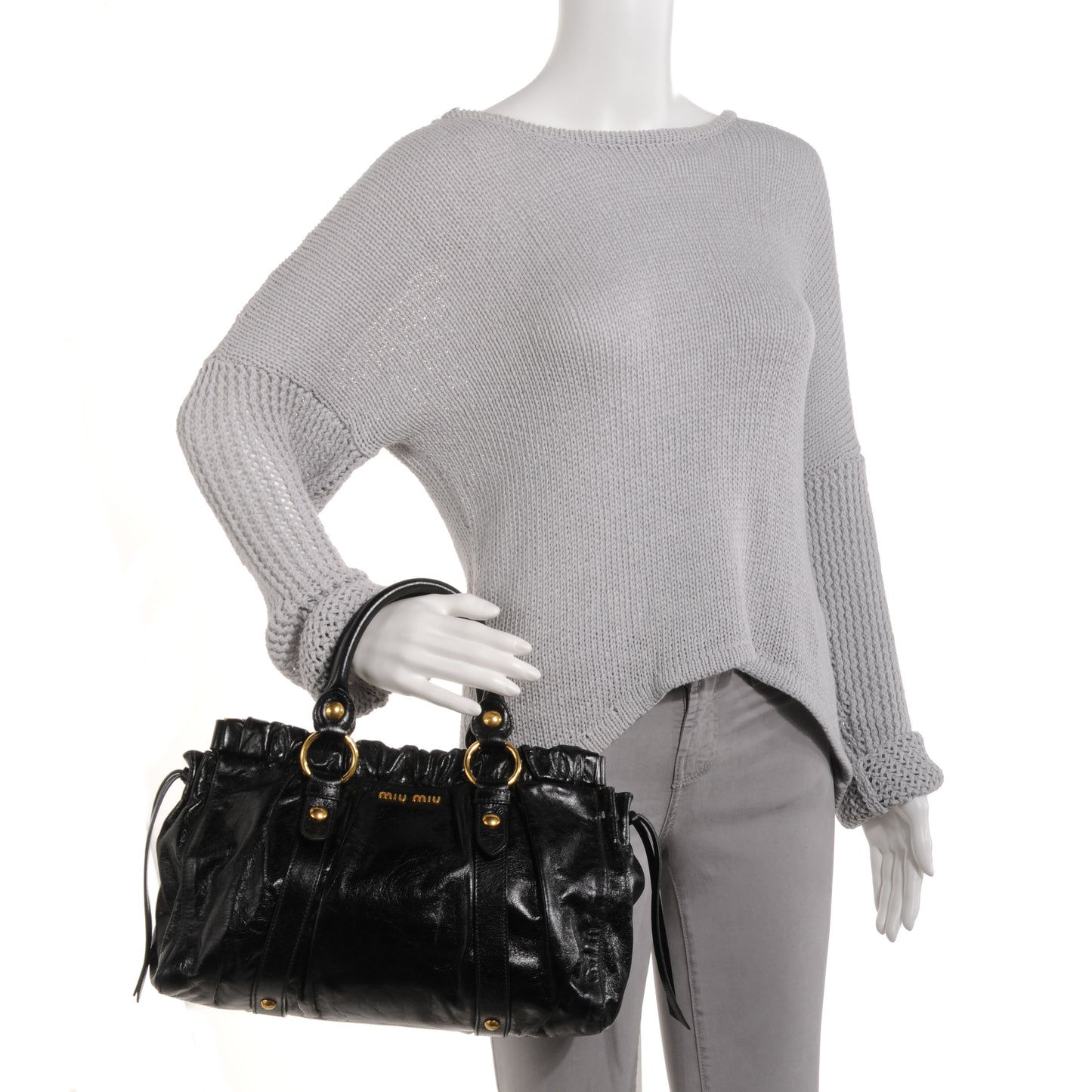 Vitello Lux Leather Gathered Tote Black