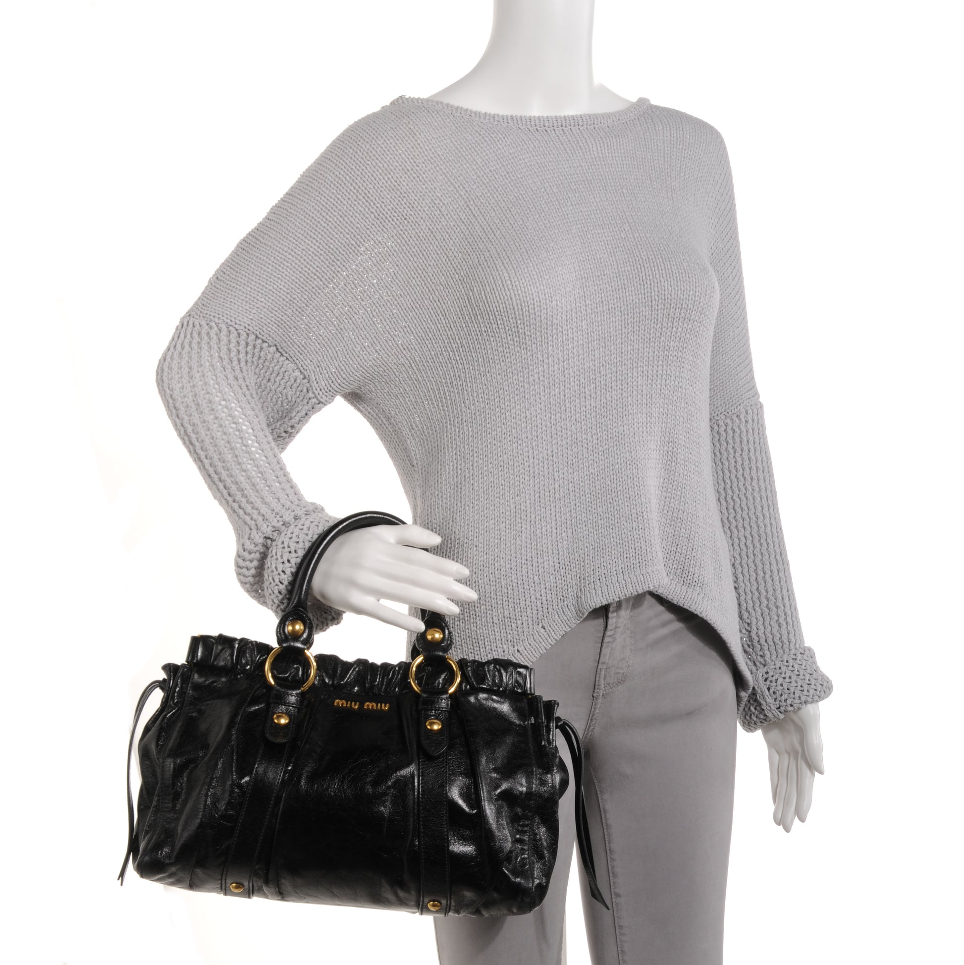Miu Miu Vitello Lux Leather Gathered Tote Black 4 of 8