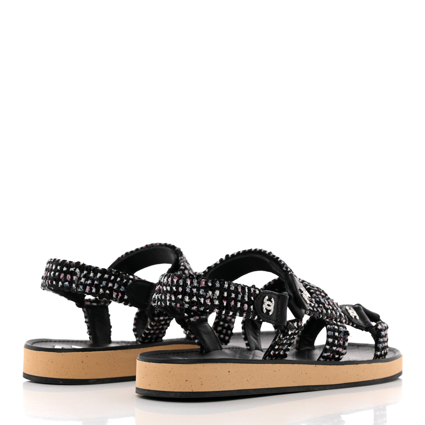 Tweed Lambskin Dad Sandals 38.5 Black White