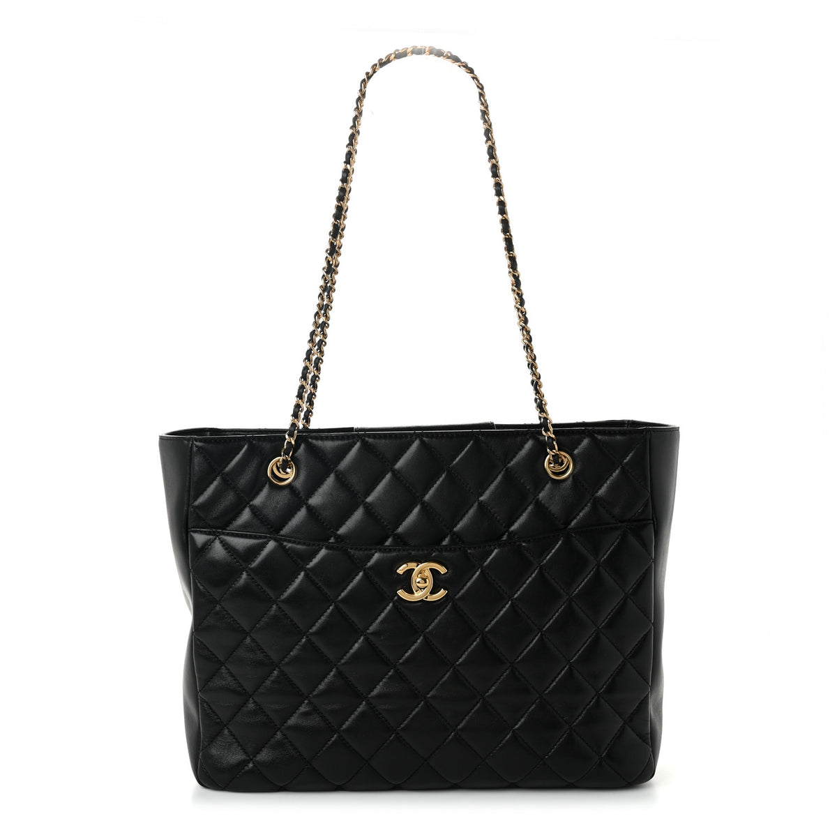Shiny Lambskin Quilted Medium Shopping Tote Black