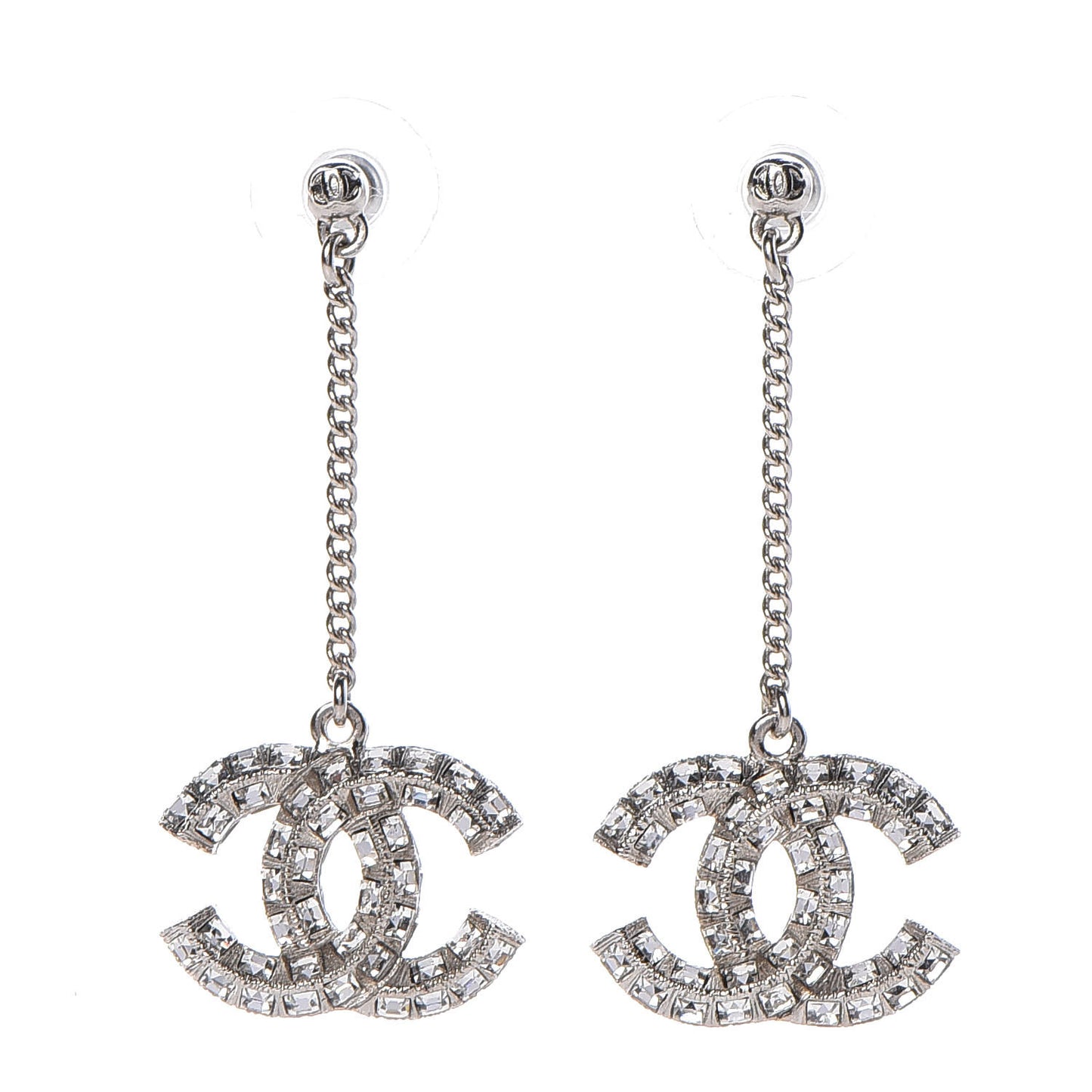 Baguette Crystal CC Drop Earrings Silver