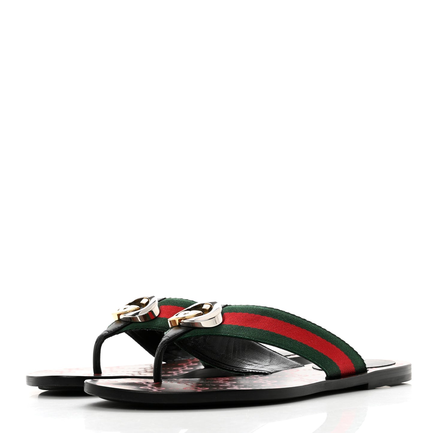 Nylon Calfskin Web GG Monogram Womens Thong Sandals 38 Green Red Cocoa