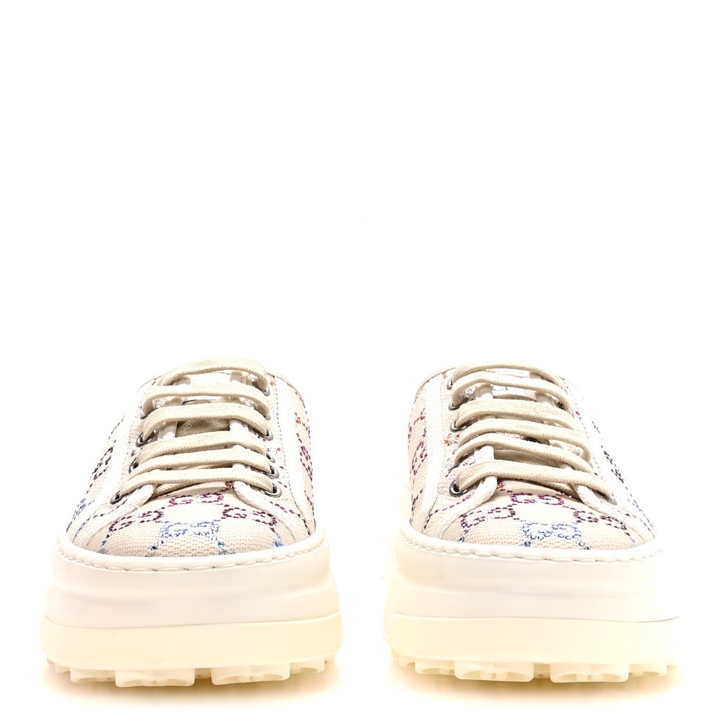 Canvas Lame Crystal GG Monogram Womens 1977 Tennis Platform 52mm Sneakers 38 Gardenia Silver Mystic White