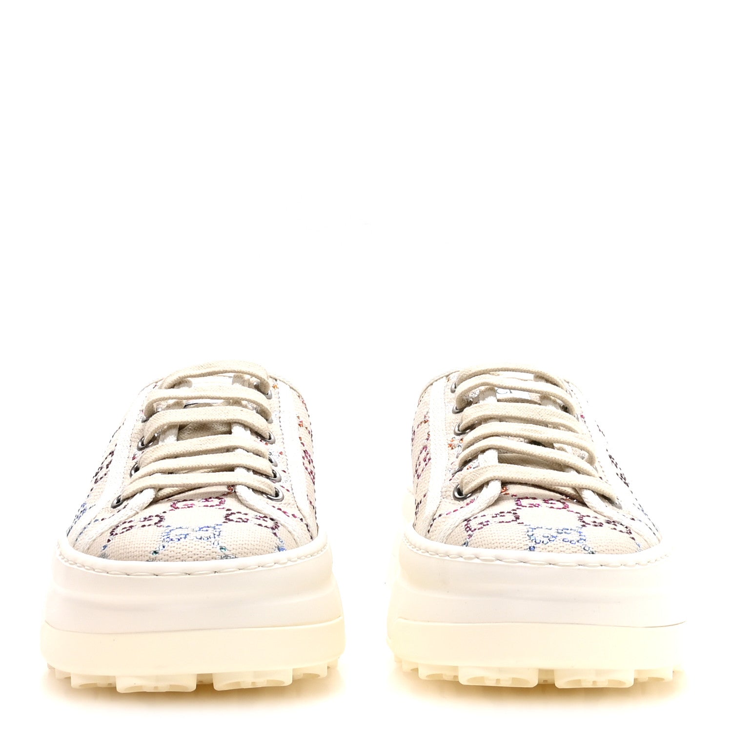 Gucci Canvas Lame Crystal GG Monogram Womens 1977 Tennis Platform 52mm Sneakers 38 Gardenia Silver Mystic White 3 of 9